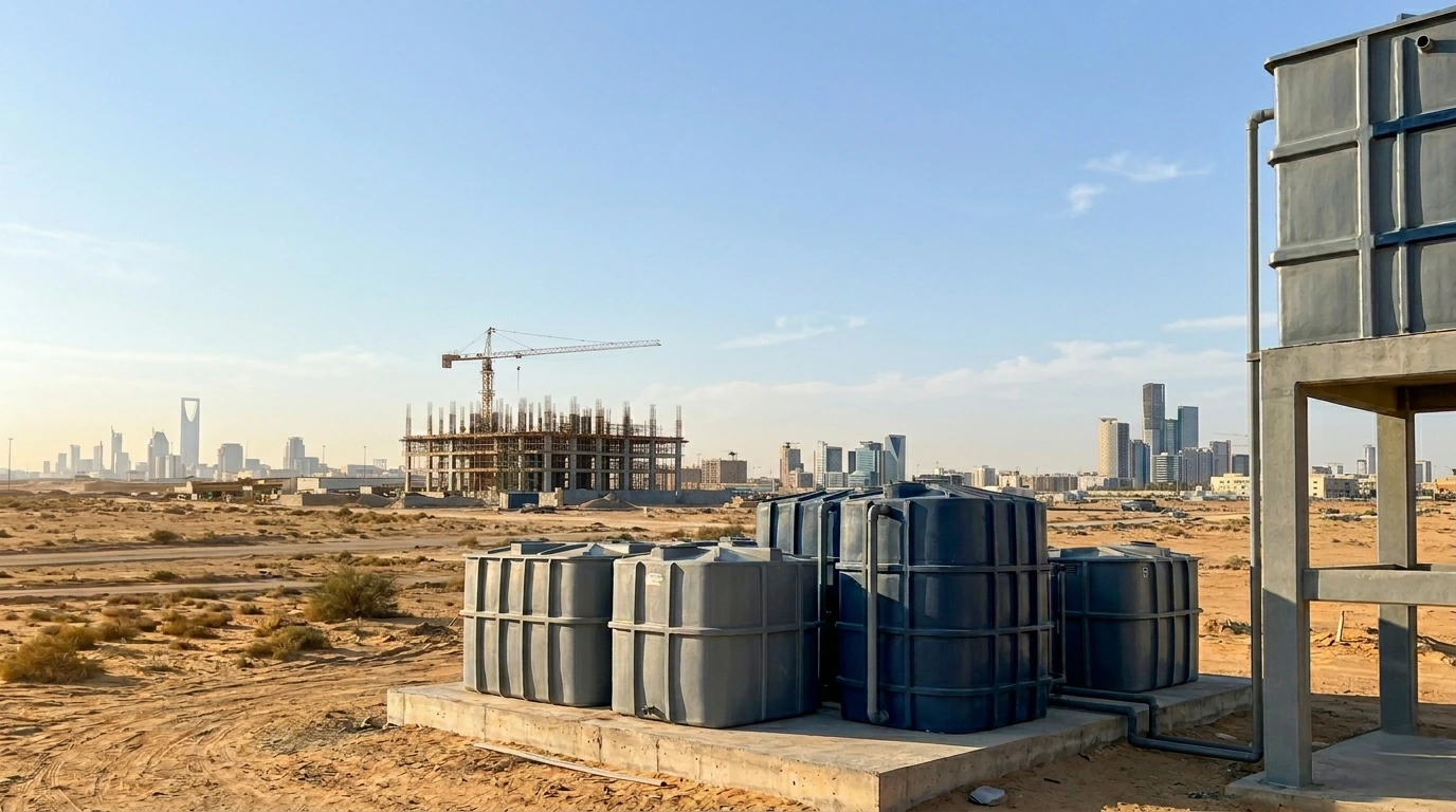 Water storage solutions for construction project in Saudi Arabia with tanks at desert site