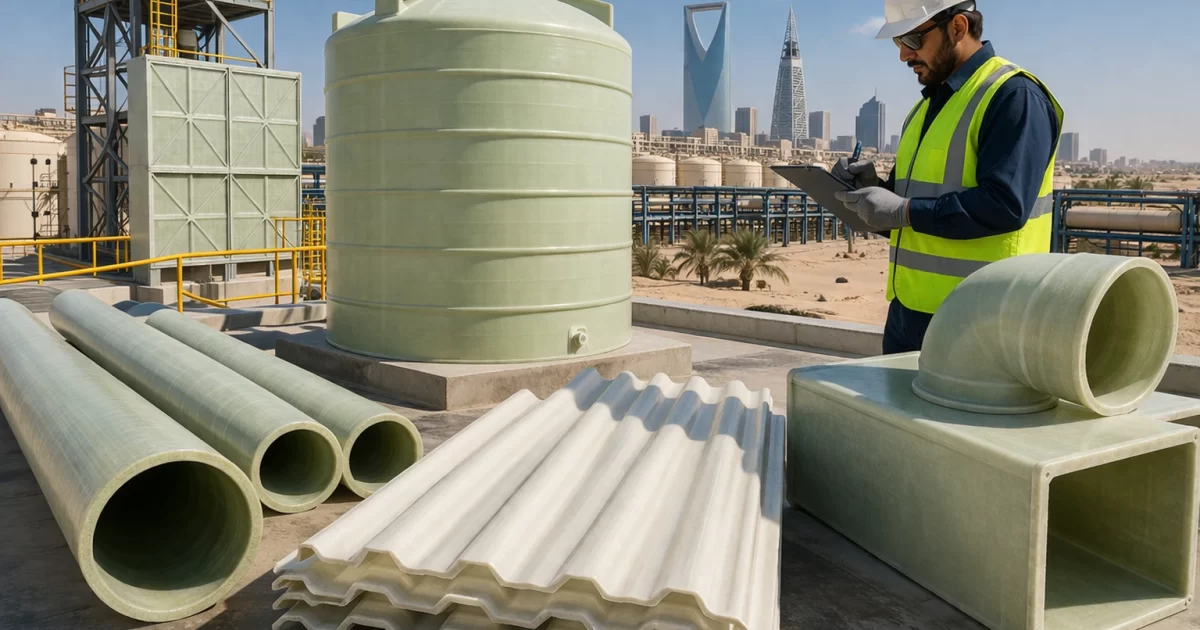 FRP products used in industrial construction in Saudi Arabia including pipes, gratings, sheets, and duct systems