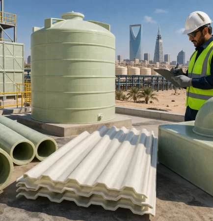 FRP products used in industrial construction in Saudi Arabia including pipes, gratings, sheets, and duct systems