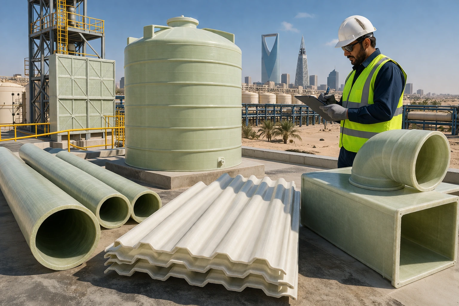FRP products used in industrial construction in Saudi Arabia including pipes, gratings, sheets, and duct systems