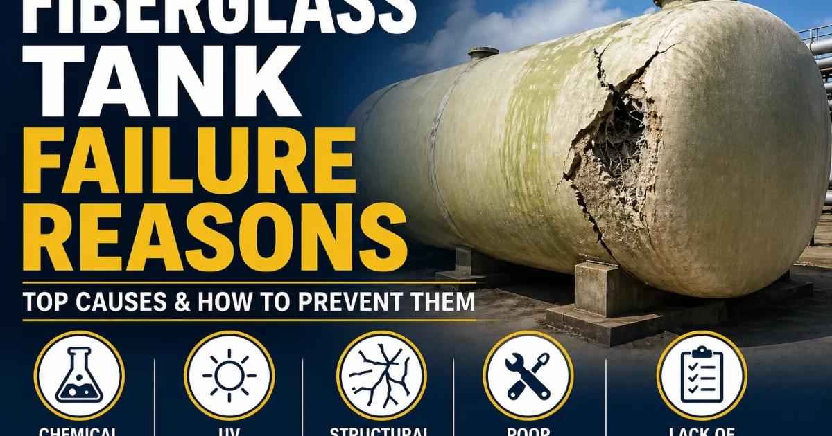 fiberglass tank failure reasons showing cracked industrial FRP tank with visible structural damage