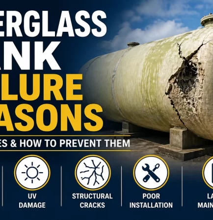 fiberglass tank failure reasons showing cracked industrial FRP tank with visible structural damage