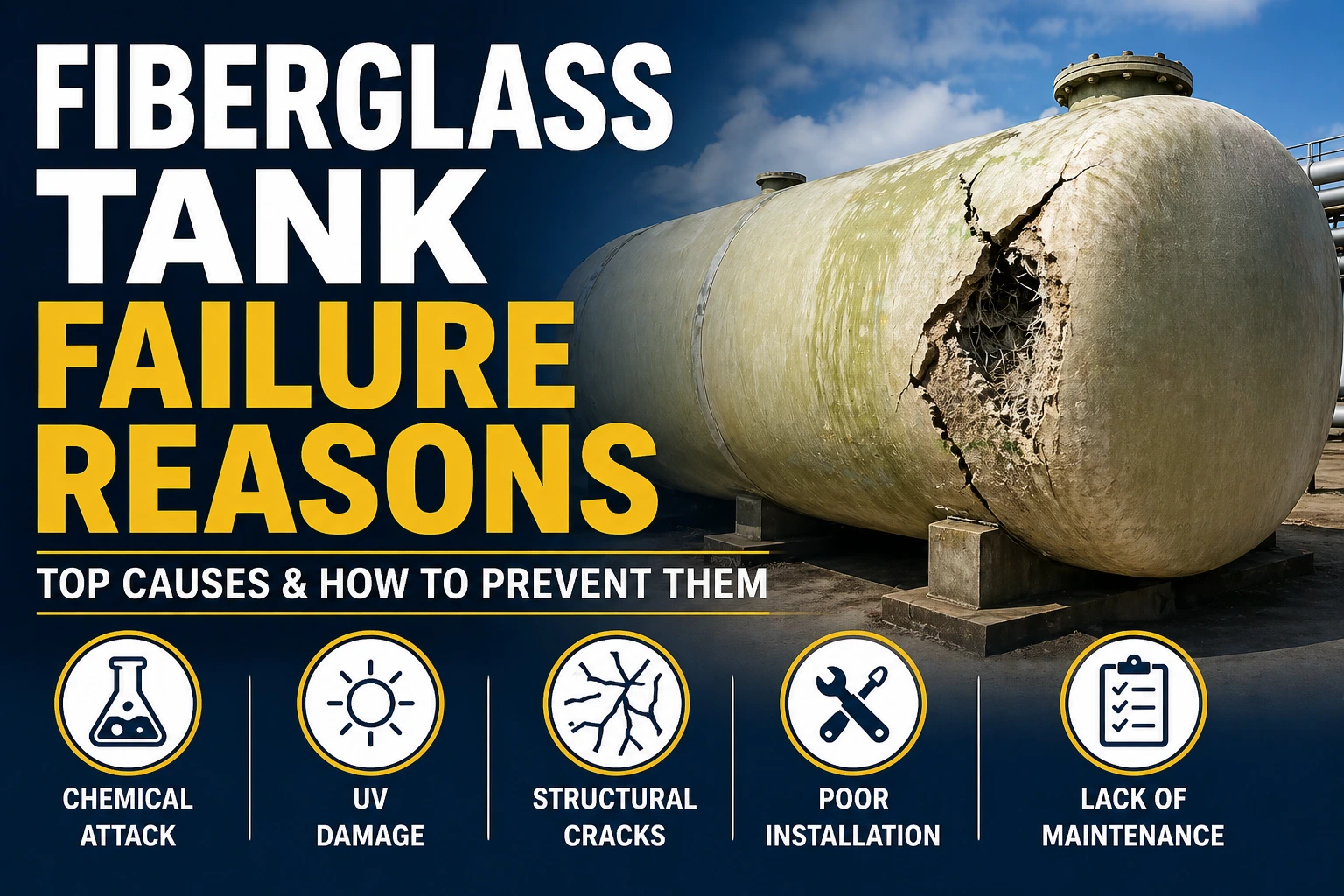 fiberglass tank failure reasons showing cracked industrial FRP tank with visible structural damage