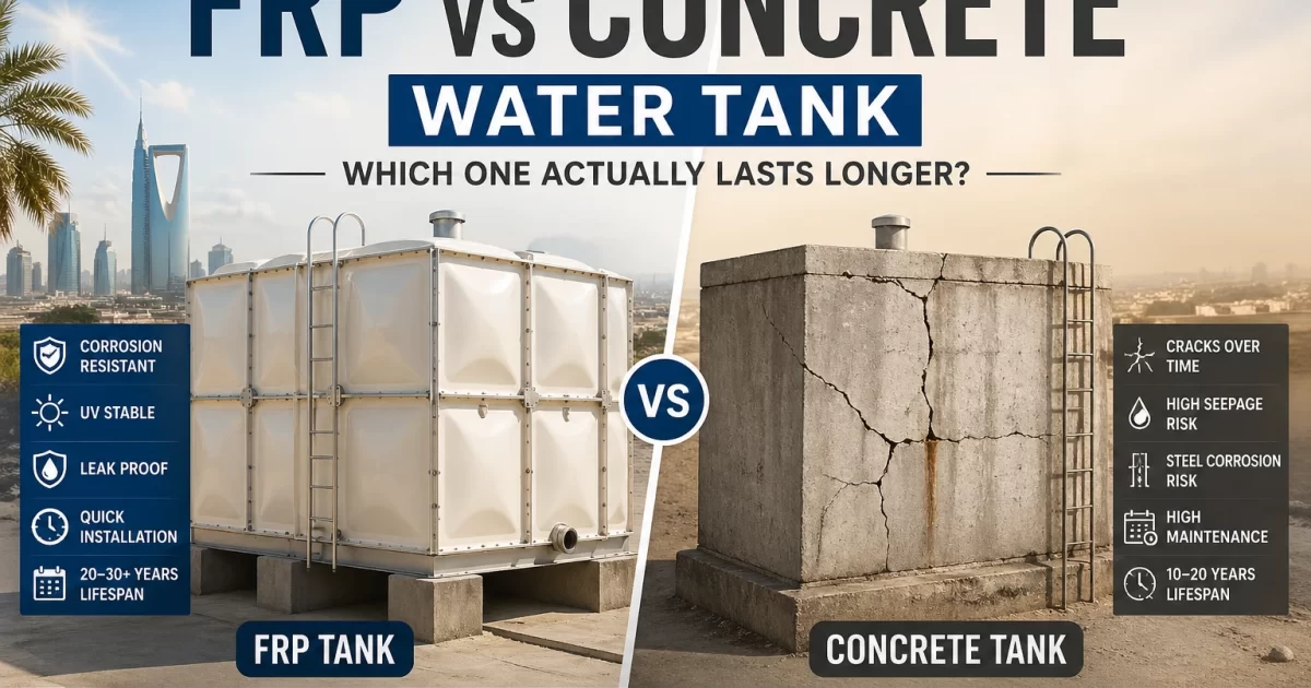 FRP vs concrete water tank comparison showing durability, lifespan, and crack resistance in harsh climate conditions