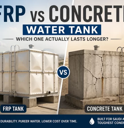 FRP vs concrete water tank comparison showing durability, lifespan, and crack resistance in harsh climate conditions