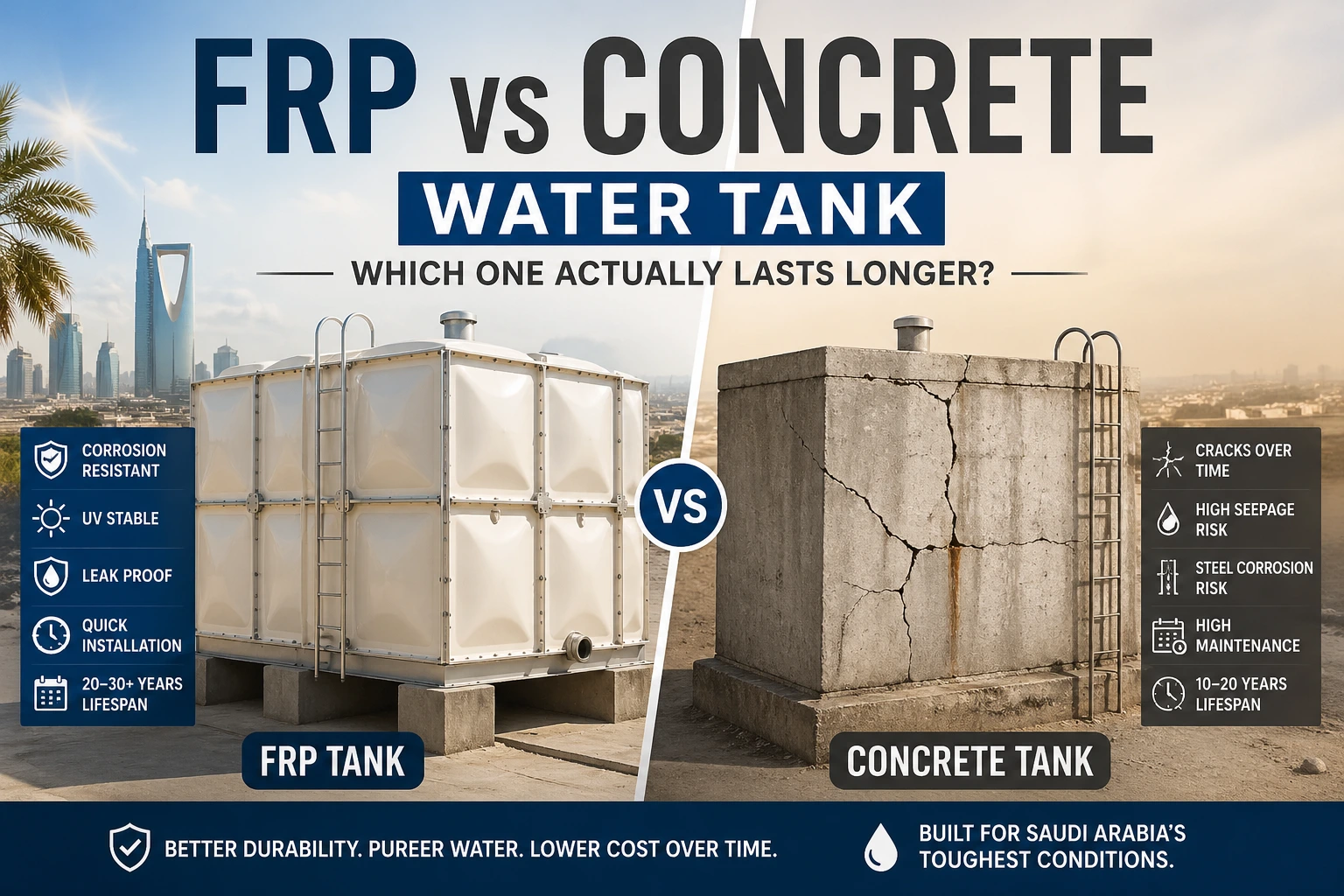 FRP vs concrete water tank comparison showing durability, lifespan, and crack resistance in harsh climate conditions