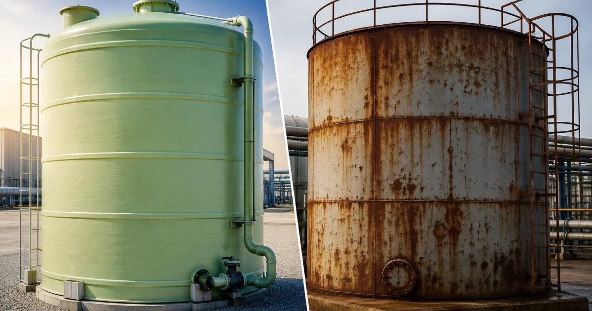 FRP vs steel tanks comparison showing a corrosion-resistant fiberglass storage tank beside a rusted steel storage tank in an industrial facility.