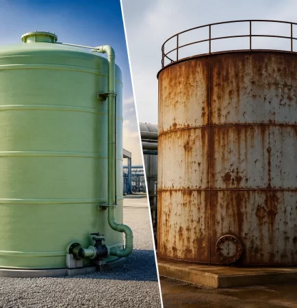 FRP vs steel tanks comparison showing a corrosion-resistant fiberglass storage tank beside a rusted steel storage tank in an industrial facility.