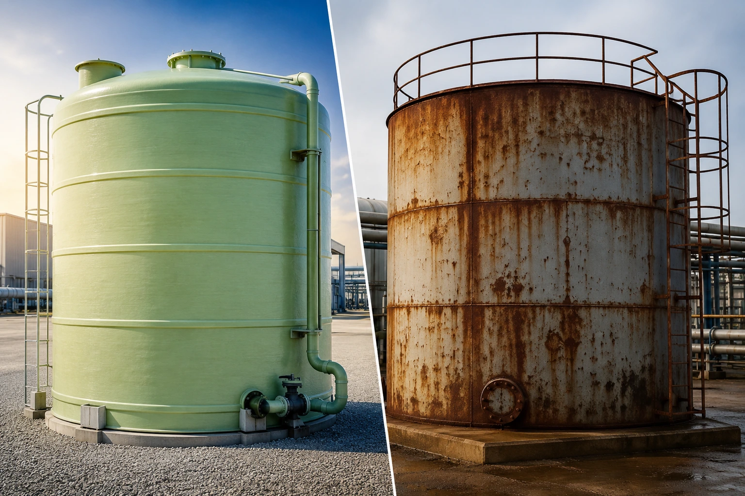 FRP vs steel tanks comparison showing a corrosion-resistant fiberglass storage tank beside a rusted steel storage tank in an industrial facility.