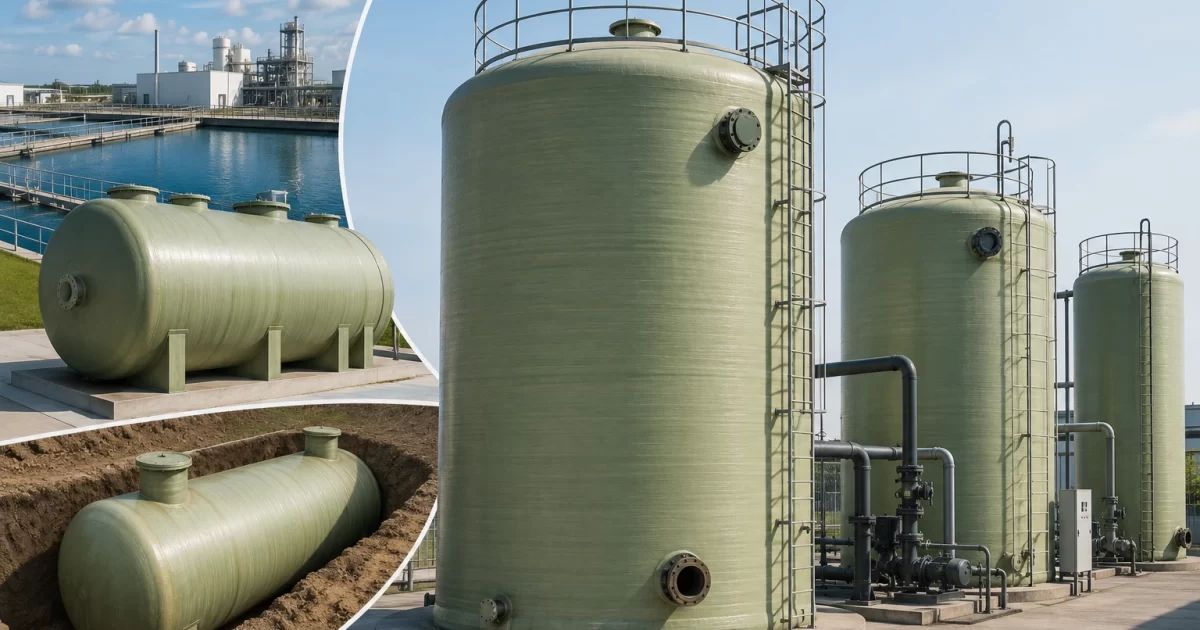 FRP tanks Saudi Arabia including vertical, horizontal, and underground fiberglass storage tanks for industrial water treatment and chemical storage applications.