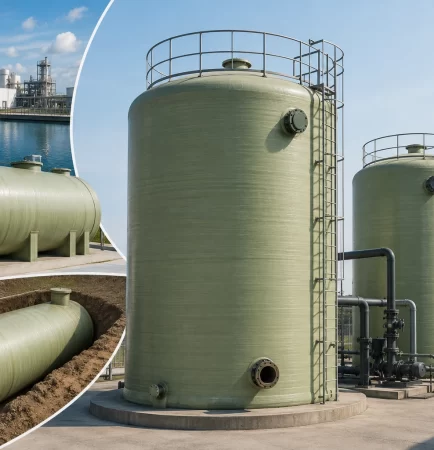 FRP tanks Saudi Arabia including vertical, horizontal, and underground fiberglass storage tanks for industrial water treatment and chemical storage applications.