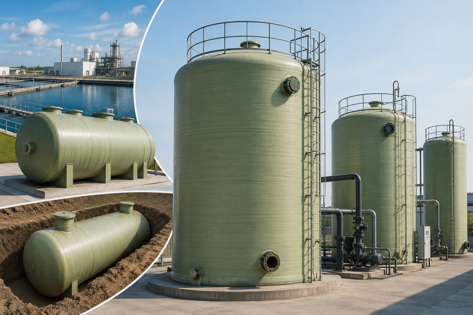 FRP tanks Saudi Arabia including vertical, horizontal, and underground fiberglass storage tanks for industrial water treatment and chemical storage applications.