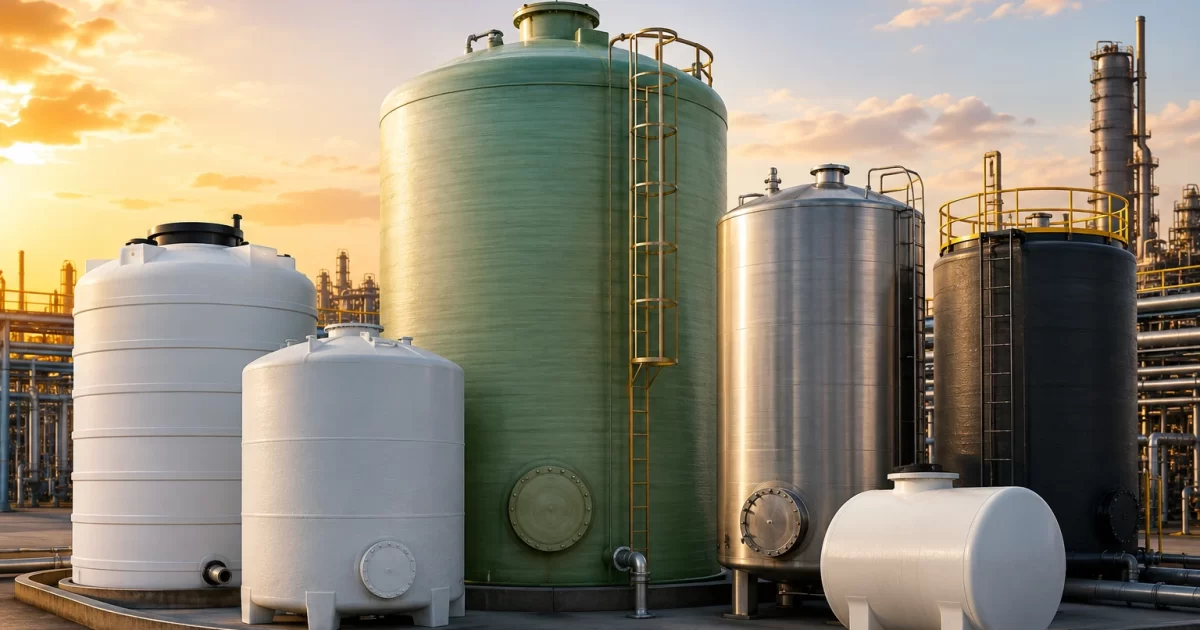 Chemical storage tanks made of FRP, HDPE, stainless steel, carbon steel, and polypropylene at an industrial facility for safe chemical storage
