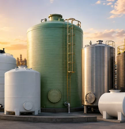 Chemical storage tanks made of FRP, HDPE, stainless steel, carbon steel, and polypropylene at an industrial facility for safe chemical storage