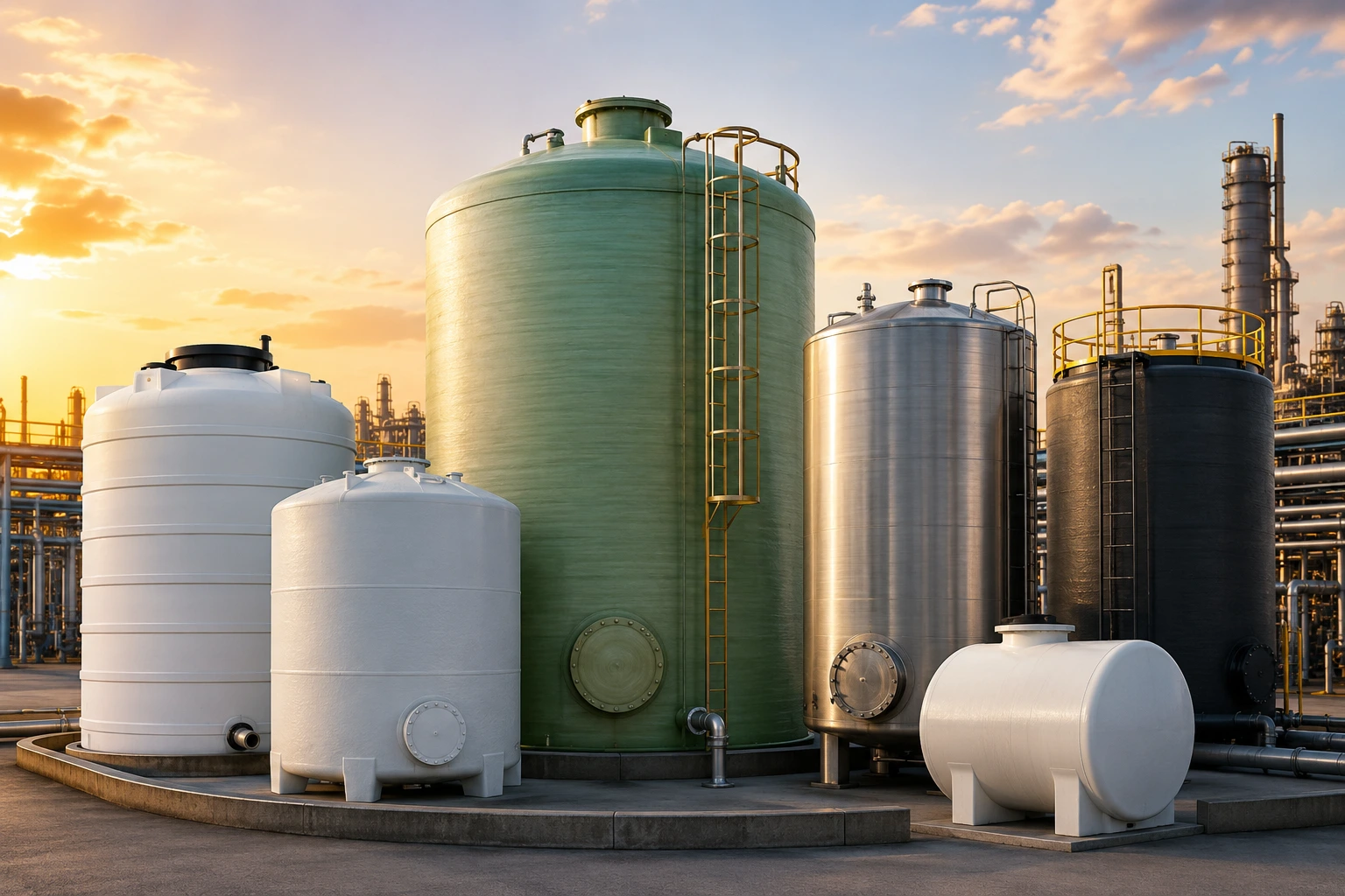 Chemical storage tanks made of FRP, HDPE, stainless steel, carbon steel, and polypropylene at an industrial facility for safe chemical storage
