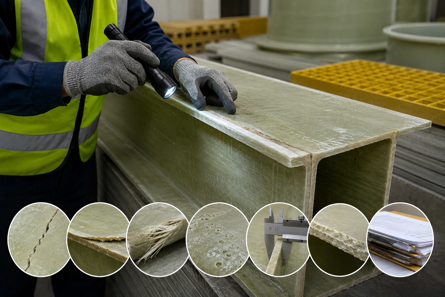 FRP quality inspection of fiberglass product for cracks and surface defects