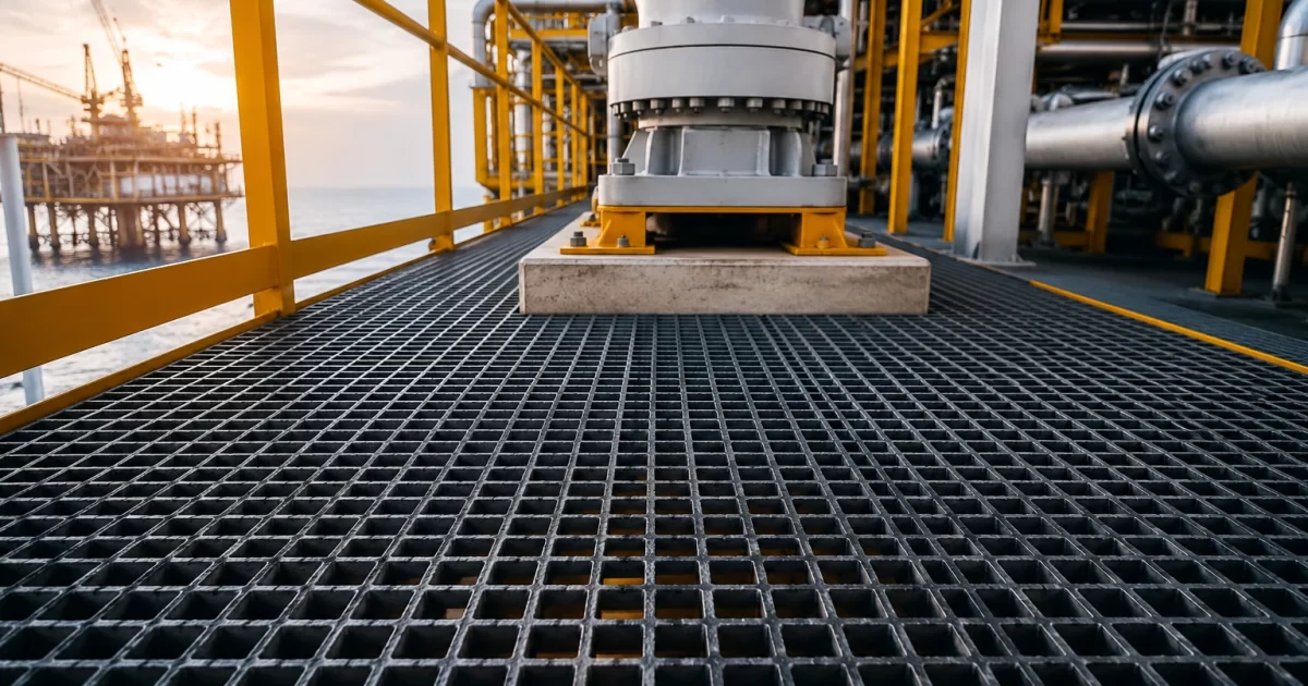 FRP grating load capacity supporting heavy industrial equipment on an offshore oil and gas platform with corrosion-resistant fiberglass flooring