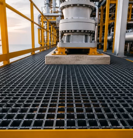 FRP grating load capacity supporting heavy industrial equipment on an offshore oil and gas platform with corrosion-resistant fiberglass flooring
