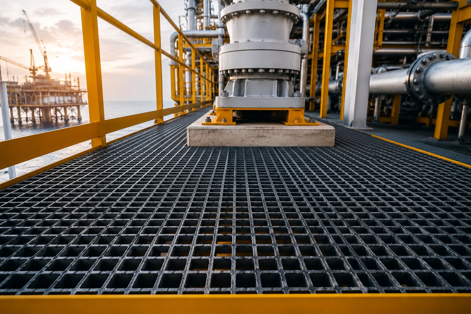 FRP grating load capacity supporting heavy industrial equipment on an offshore oil and gas platform with corrosion-resistant fiberglass flooring