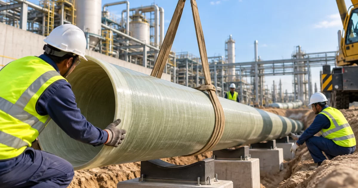 FRP pipe installation at an industrial construction site with workers positioning a large fiberglass pipe