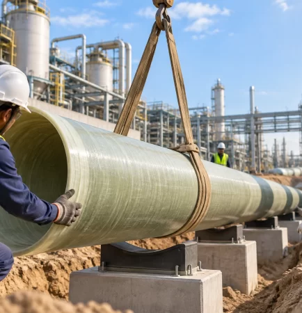 FRP pipe installation at an industrial construction site with workers positioning a large fiberglass pipe