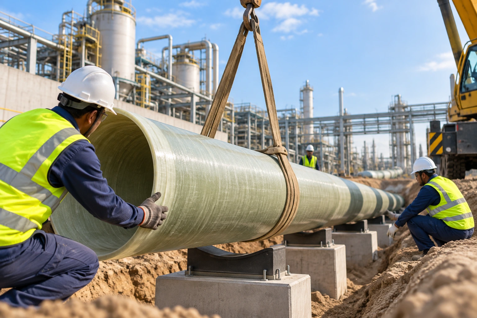 FRP pipe installation at an industrial construction site with workers positioning a large fiberglass pipe