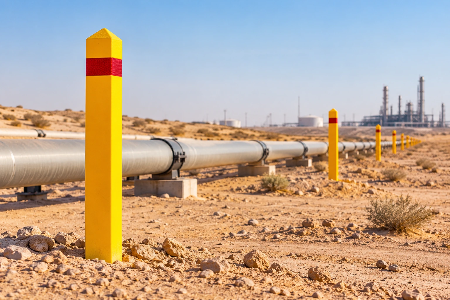 Fiberglass marker post installed alongside an industrial pipeline in a Saudi Arabian desert landscape