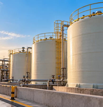 Industrial FRP chemical storage tanks with corrosion-resistant piping, safety railings and containment systems.