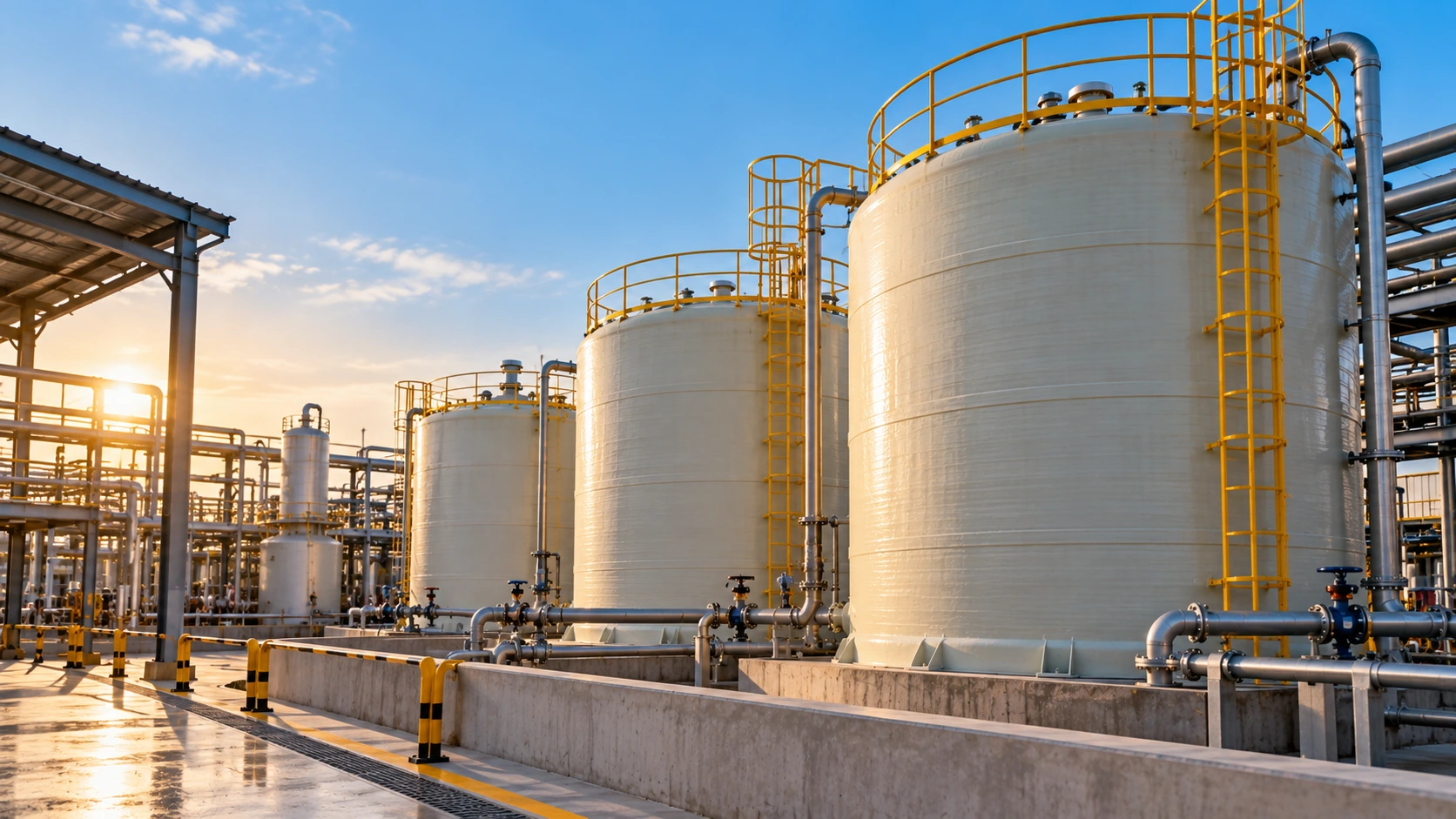 Industrial FRP chemical storage tanks with corrosion-resistant piping, safety railings and containment systems.